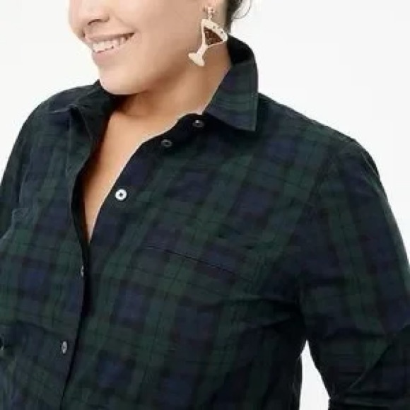 NWT J.Crew Factory Christmas Green Black Watch Plaid Poplin Button Down Shirt M - Picture 2 of 8